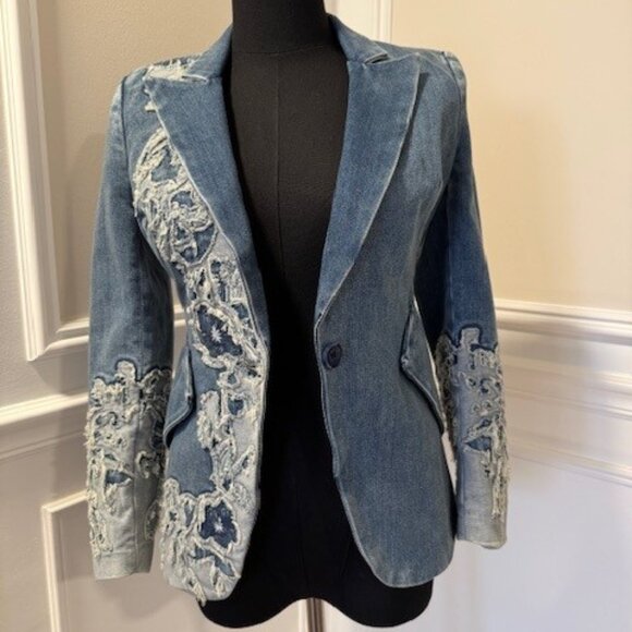 White House Black Market Denim & Lace 00P Editor Blazer - Picture 3 of 10